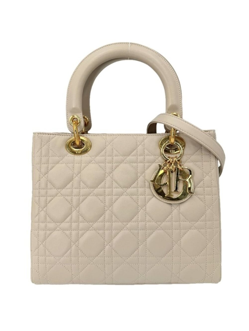 Dior 2-Way Cannage Lady Shoulder Bag Crossbody Calfskin Beige Gold